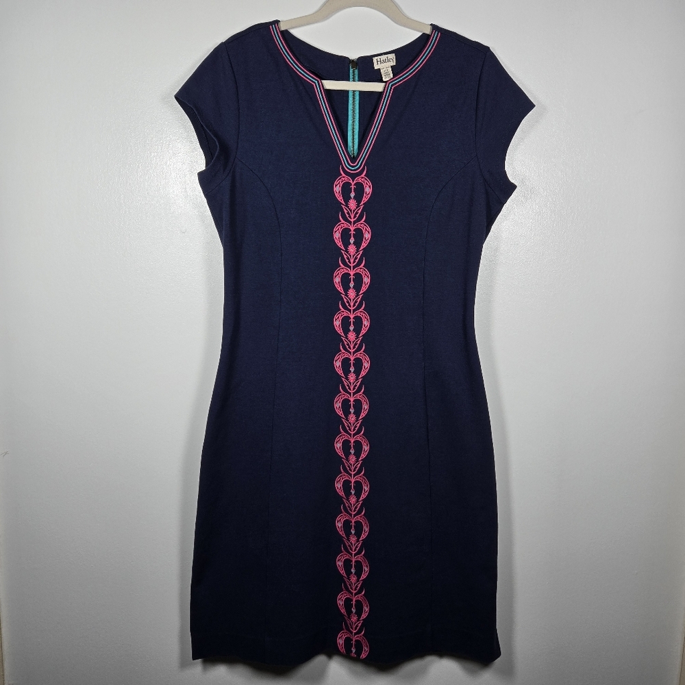 Hatley Navy Blue Pink Embroidered Ponte Knit Career Wear Midi Dress Size Large